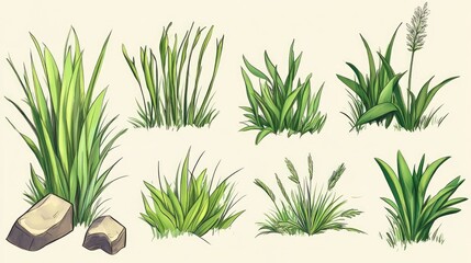 Obraz premium Various types of grass illustrated in a detailed manner, showcasing different shapes and textures against a neutral background