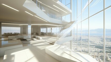 Obraz premium Modern Office Interior Design Showcases City Views with Contemporary Furniture and Minimalist Architecture with Bright and Airy Atmosphere.