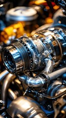 Turbocharger installation process automotive workshop high-detail closeup industrial environment technical perspective engineering concept