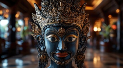 Obraz premium Mystical Sculpture: A close-up shot of an ornate sculpture with intricate details, a captivating gaze, set against a soft-focused background, invoking a sense of mystery and cultural significance.