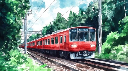 Obraz premium Serene Watercolor Painting of a Red Train Journeying Through Lush Green Foliage Under a Summer Sky