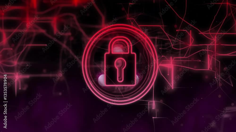 Poster glowing red padlock with animation on abstract digital network background