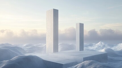Minimalist Winter Landscape: Abstract White Structures in a Snowy Wilderness