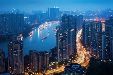 Obraz premium City Lights Reflect on River at Night with Busy Roads and Urban Skyline. Nightlife Cityscape.