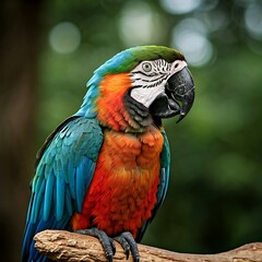 A mischievous parrot perched on a tree branch, with vibrant feathers in bright colors.