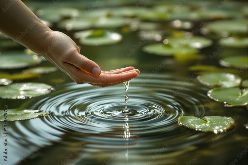 Poster hand touching water with ripples and lily pads in a pond.