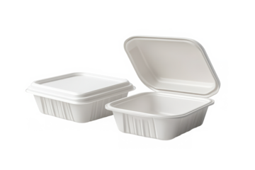 Two white styrofoam containers one closed and one open on a black background in a studio shot