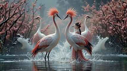 red crowned crane and cherry blossoms and girl wearing hanfu hanbok