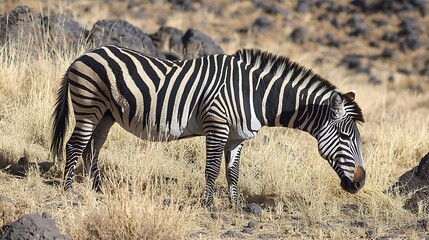 Obraz premium Zebra grazing in dry, rocky grassland.
