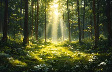 Naklejka premium Sunlit Forest Path with Ferns and Wildflowers