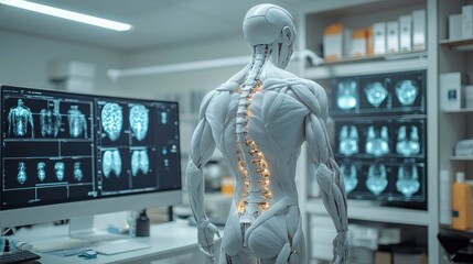 Robot performing spinal alignment analysis with 3D scanning technology in physical therapy clinic