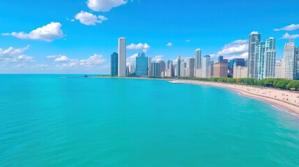 Fototapeta premium A stunning aerial view of a majestic city skyline captured from a drone in the early morning light