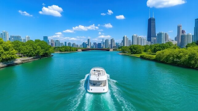 Iconic boat navigating the historic chicago river with stunning architecture and city lights reflected in the water