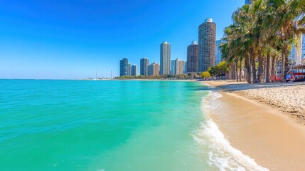 Naklejka premium A tropical beach with lush palm trees and modern buildings creating a picturesque urban coastal landscape
