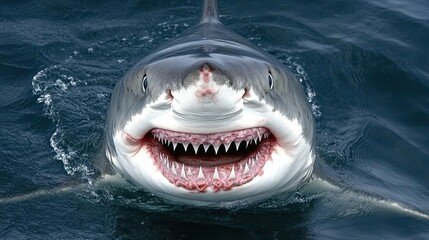 Fototapeta premium Great white shark close-up, ocean surface.