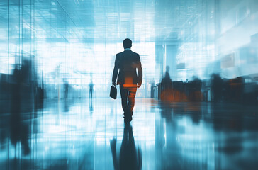 man in a suit with a briefcase walking through the office, double exposure photography