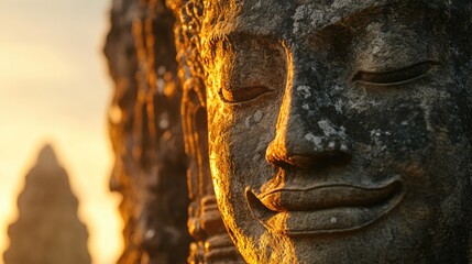 Ancient Serenity: A close-up shot captures the serene face of a weathered stone sculpture, radiating peace and wisdom against a softly lit, sun-kissed backdrop.