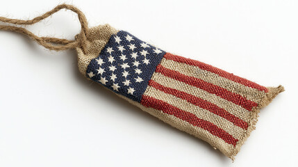 Vintage burlap pouch with American flag design, showcasing patriotism and rustic charm. Perfect for decor or gifts