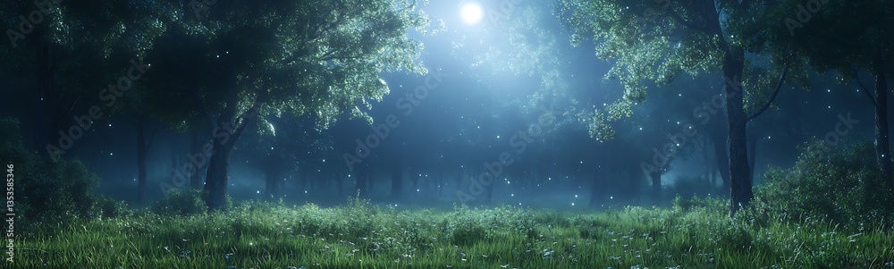 Poster serene nighttime forest illuminated by a full moon, creating a mystical atmosphere.