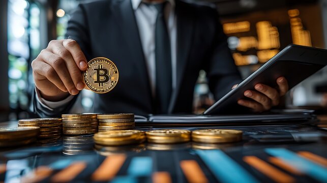 Businessman holding Bitcoin, reviewing crypto investments.