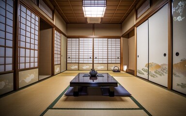 tranquil Japanese tea room, Japanese traditional room with tea set