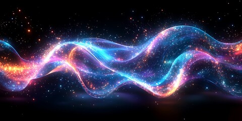 Wavy flowing abstract lines of light and shining particles on dark background