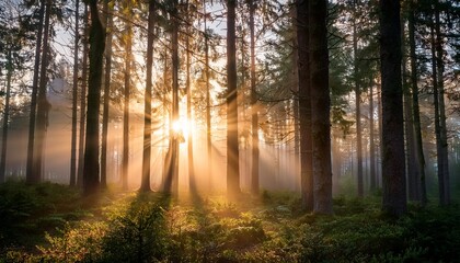 Fototapeta premium sunrise in a foggy forest with bright sun shining through the trees