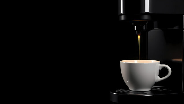 Branner of coffee maker mechine pouring hot fresh coffee into a cup of white glass cup in dark background with copy space. Coffee shop