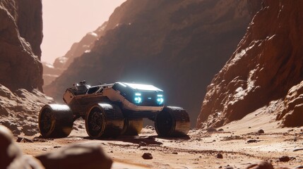 Futuristic Rover in Martian Canyon: A Sci-Fi Expedition