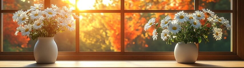 Two vases with daisies sitting in front of a window