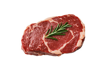 Fototapeta premium A beautifully marbled ribeye steak garnished with a sprig of rosemary, showcasing its rich texture and vibrant color, perfect for gourmet cooking and culinary presentations.
