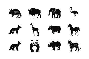 Fototapeta premium Black silhouette vector set of wild animals, including fox, tiger, panda, giraffe, elephant, and more, isolated on white background.