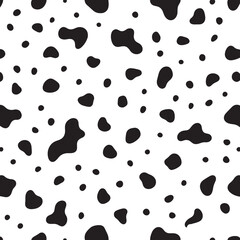 Fototapeta premium Dalmatian seamless pattern, animal print with skin spot texture. Absract shapes design dog or cow black spots on white background for fibres and textile. Simple endless leather backdrop. 