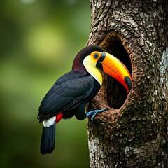 Obraz premium Toucan siting on the tree house and peeping out side.