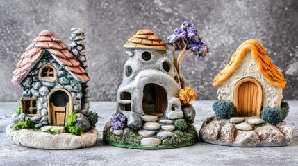 Three whimsical miniature fairy houses.