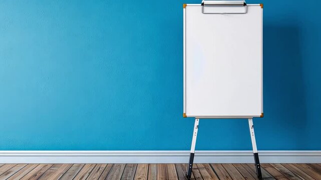 Creative Office Decor Blank Whiteboard Against Blue Wall in Modern Workspace with Wooden Floor for Presentations and Brainstorming in Empty Space