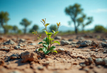 Small Green Plant Growing in Dry, Barren Land,
Symbolizing Resilience, Environmental Restoration, and Nature&rsquo;s Strength.