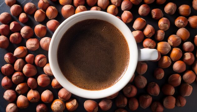 dark coffee surrounded by roasted hazelnuts