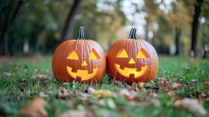 Carved pumpkins glowing in autumnal park on grass with fallen leaves, soft focus trees