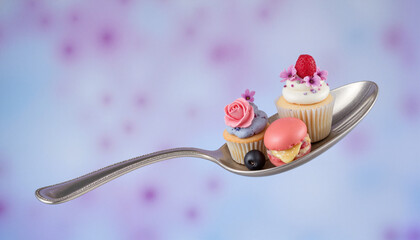 Surreal floating antique silver spoon cradling miniature gourmet pastries, dreamlike aesthetic