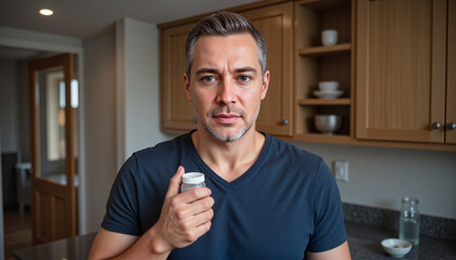 Middle-aged man with light stubble holding an empty pill bottle in a kitchen, expressing anxiety