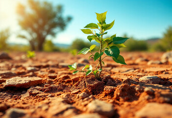 Young Green Plant Thriving in Dry, Cracked Soil Under Warm Sunlight, Symbolizing Growth, Survival, and Environmental Resilience in Harsh Conditions.
