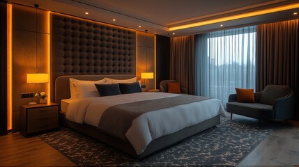 Luxurious hotel bedroom interior, warm lighting, modern design, city view