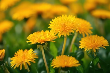 Fototapeta premium Vibrant yellow dandelions blooming in spring