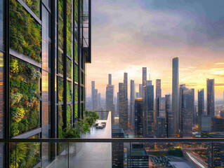 A futuristic green cityscape featuring towering skyscrapers covered in lush vertical gardens. Transparent glass walkways lined with plants, utilizing clean energy sources. Bright and vibrant atmospher