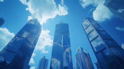 Modern glass skyscrapers under blue sky with clouds. Low-angle perspective showcasing urban business buildings, contemporary architectural design, and bright sunny atmosphere