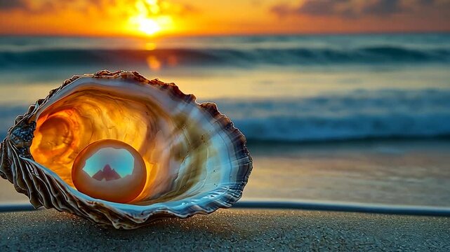 Sunrise seashell pearl on beach, perfect for nature and travel imagery