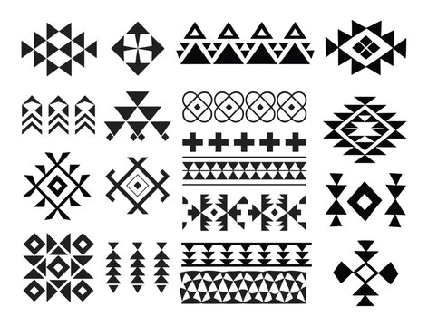 Geometric tribal patterns and ornaments in black and white