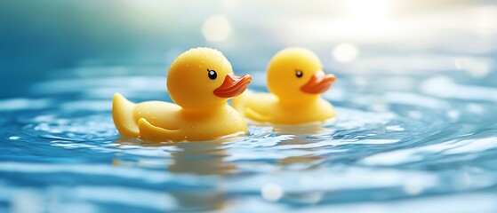 Two yellow rubber ducks floating gently on tranquil blue water