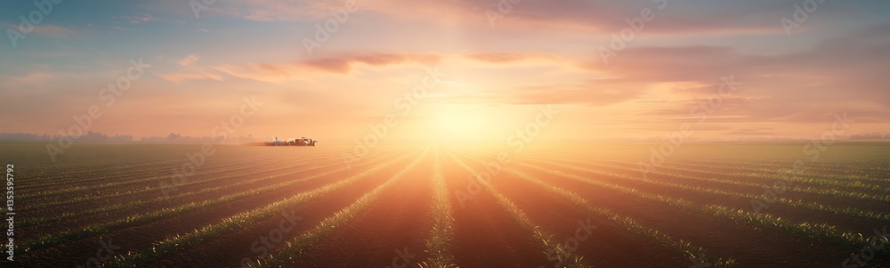 Poster vast landscape of fields under a colorful sunset, showcasing rows of crops and tranquil skies.